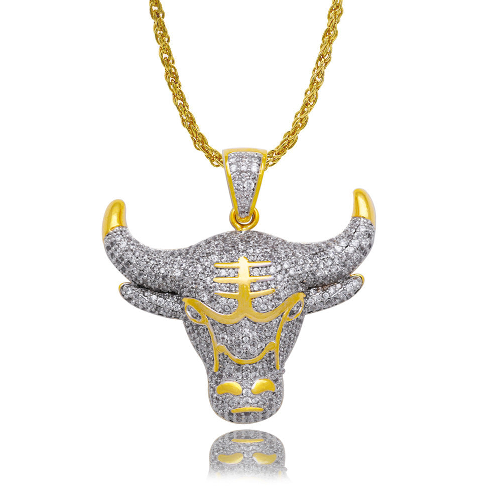 Wholesale Micropaved Zirconia Bull Head Men's Necklace Sweater Chain